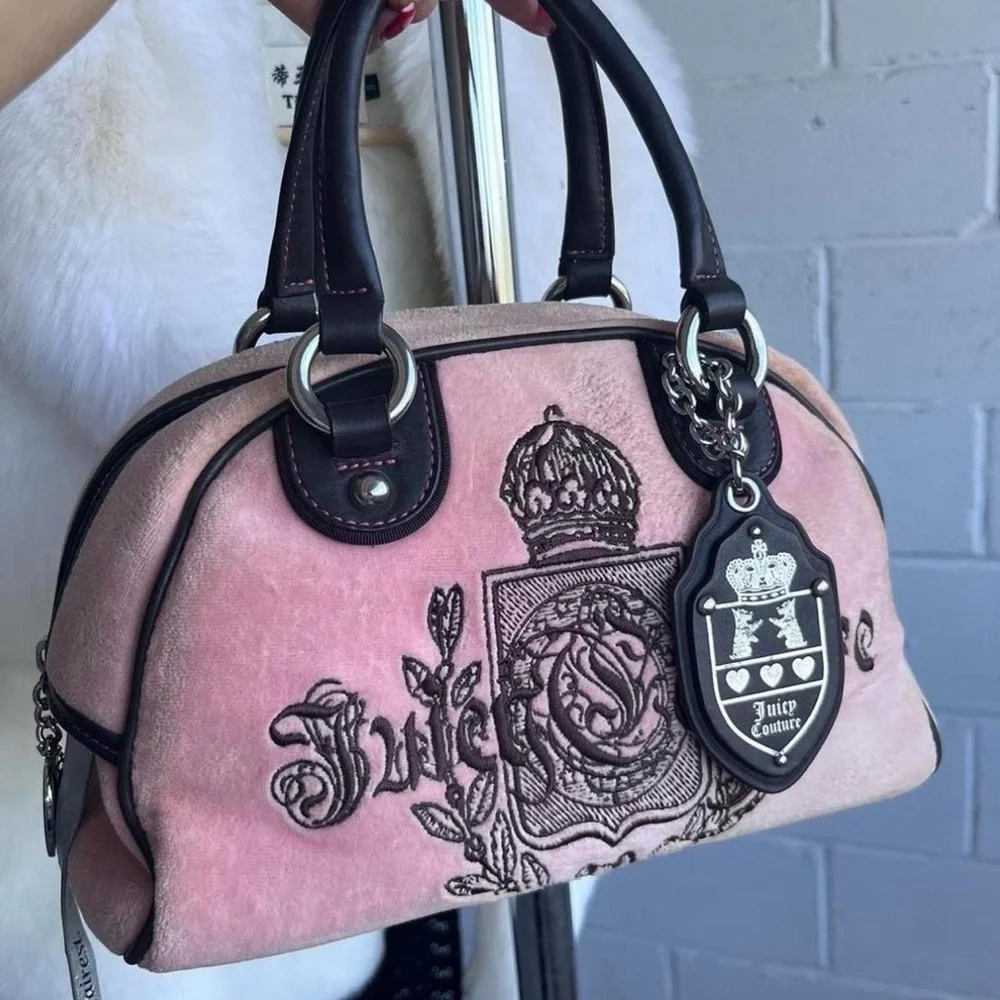 Y2K 2002 Vintage Juicy Couture Pink & Brown Velour Bowler Bag Purse - Picture 2 of 11